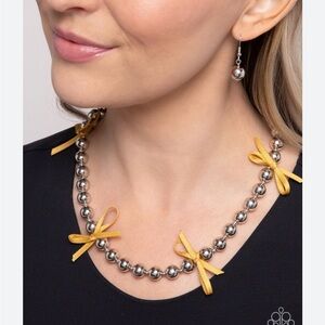 Paparazzi Silver Beaded Necklace with Yellow Ribbon Bows